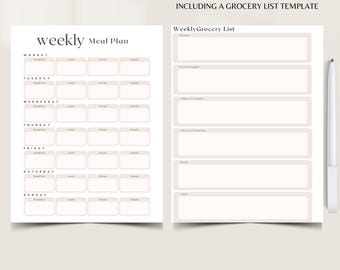 Simple Weekly Meal Planner + Grocery List | Printable Digital Download | Family Meal Planning for Parents