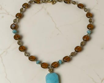 Lia Sophia Fashion Necklace Brown crystal with Turquoise accent beads