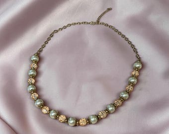 Vintage Faux Pearl, Pink Crystal and Gold Tone Spacer Necklace