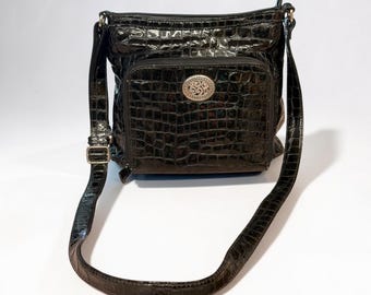 Vintage Brighton Black Croc Embossed Leather Crossbody Purse With Adjustable Strap