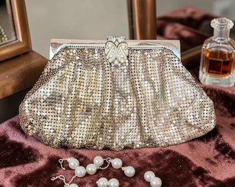 Vintage Whiting & Davis Gold Toned Mesh Evening Clutch with Rhinestone Clasp Closure