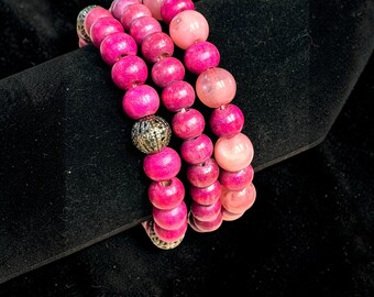 Vintage Purple Rosewood, Rose Quartz and Pewter Tone beads