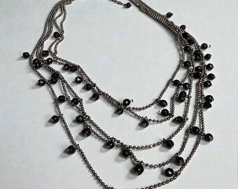 Vintage Multi Strand Premiere Designs Parisian Necklace Gunmetal with Black Dangle Beads