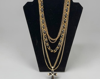 Vintage Long Layered Woven Fabric Gold Tone Chain with Enameled Cross Necklace