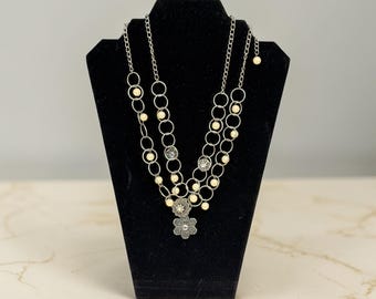 Silver Double Strand Bib Silver Flower & Faux Pearl Necklace
