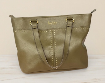 Nicole Miller Dark Green Large Leather Tote Double Handle Shoulder Bag