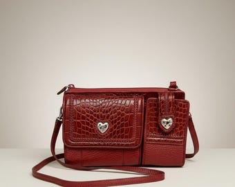 Vintage Brighton Red Croc Embossed Red Leather Crossbody Purse With Adjustable Strap