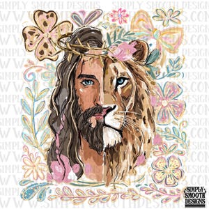 Puede incluir: Ilustración digital dividida que representa a Jesús y un león, adornada con una corona de espinas y elementos florales. La obra de arte incorpora colores suaves, incluyendo rosa, dorado y azul, con el texto "SIMPLY SMOOTH DESIGNS" en la esquina inferior derecha.