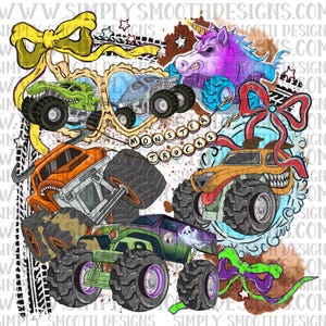 May include: A colorful graphic featuring several monster trucks with unique designs, including a dinosaur, shark, and unicorn. The image includes the text "MONSTER TRUCKS" and decorative bows and stars. The background is a mix of colors and textures.