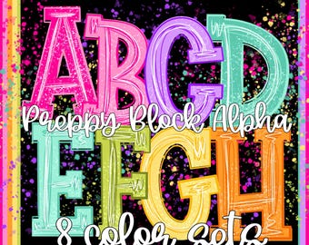 Conjunto de Alfabeto Blocky Sketchy Preppy, download em PNG. DESIGNER ORIGINAL.