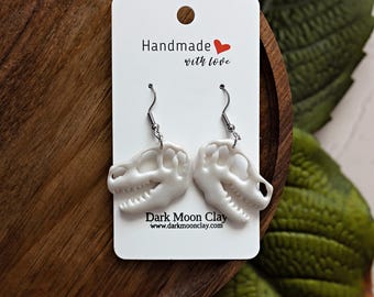 T-Rex Skull | Fossil | Dinosaur | Dino | Jurassic | Skeleton | Polymer Clay Earrings | Stainless Steel
