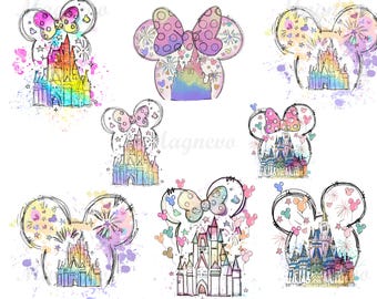 Retro Princess Happily Ever After Png, Watercolor Princesses Png, Retro Colorful Castle Png, Mouse Ear Castle Png, Sublimation Design Png