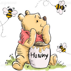 May include: A cartoon illustration of Winnie the Pooh, a yellow bear, holding a jar of honey. The jar is labeled "Hunny". There are four bees flying around Winnie the Pooh.