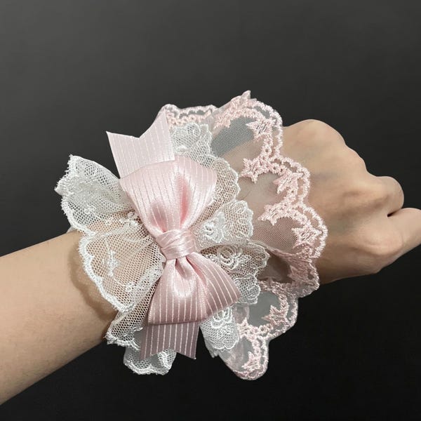 Pink White Lace Wrist Cuffs with Japanese Ribbon, Sweet Lolita Accessory Pair, Elegant Soft Girl Style