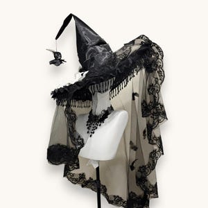 Sombrero de bruja viuda hecho a mano, negro y blanco, oscuro, para luto, romántico, tocado llamativo