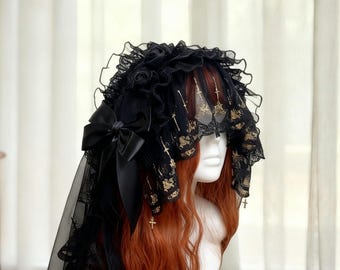 Gothic Black Veil Headpiece, Gold Cross Satin Side Bow, Dark Lolita Hair Accessory