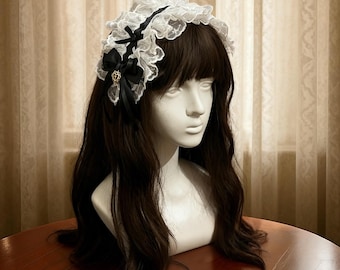Gothic Lolita Lace Hair Clip Set, Double Ruffle Layer Satin Bow Headpiece