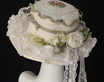 Victorian Straw Hat – Green Floral Embroidered Garden Party Headwear – Mori Kei Cosplay Accessory