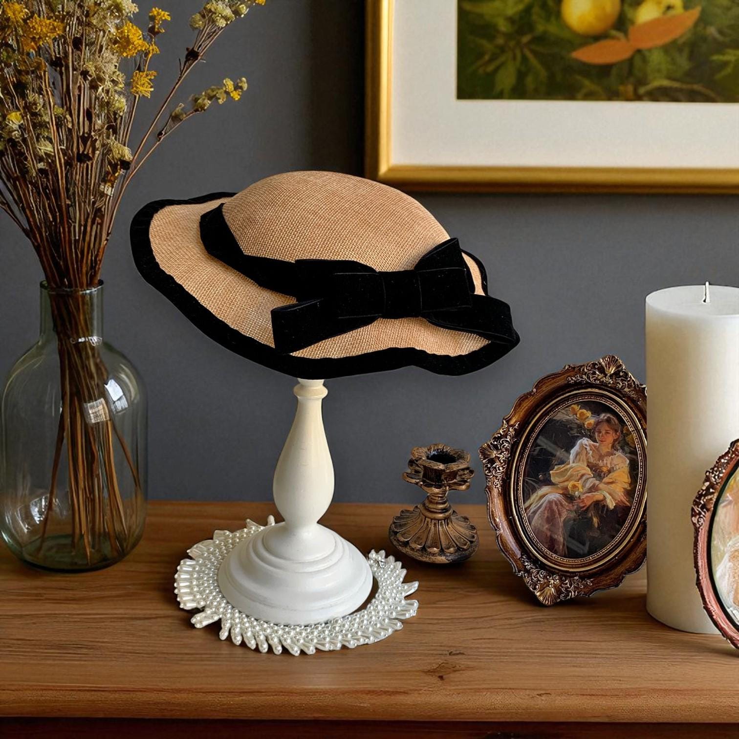 Vintage-inspired Straw Hat: Black Velvet Trim & Adjustable  display picture 1