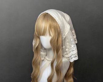 Handmade Lolita White Jacquard Cotton and Lace Headscarf with Embroidered Mesh Details and Ribbon-Threaded Design Accents