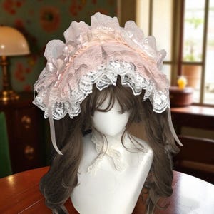 Iridescent Pink White Handmade Lolita Headband Large Flat Cap Style with Ribbons and Bows