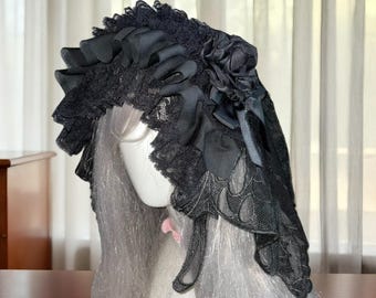 Gothic Black Lace Bonnet Headpiece, Elegant Lolita Veil with Floral Bows