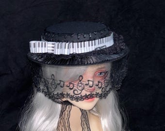 Gorro de piano estilo lolita gótico hecho a mano con velo y gargantilla.