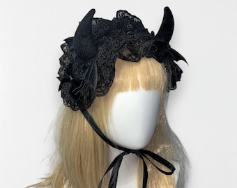 Gothic Lolita Devil Horn Headband, Black Lace Bat Wing Cosplay Hair Accessory