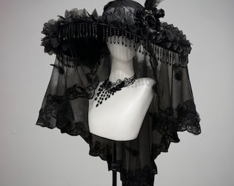 Handmade Gothic Widow Hat with Lace Veil, Custom Witch Statement Headpiece