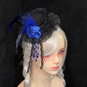 Gothic Lolita Handmade Bonnet: Black Rose&#39;s Tear with Purple/Blue Flowers & Feathers Hair Clip