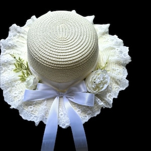 Floral Lolita Straw Hat with Ribbon Bows, Cottagecore Sun Hat for Spring Summer, Elegant Vintage Style Hat with Lace Trim and Flowers