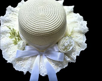 Linen Lace Beret: White Eyelet Summer Hat, Cottagecore - Etsy display picture 2