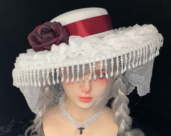 Tocado gótico Lolita hecho a mano con rosas, velo de encaje y adornos de perlas.