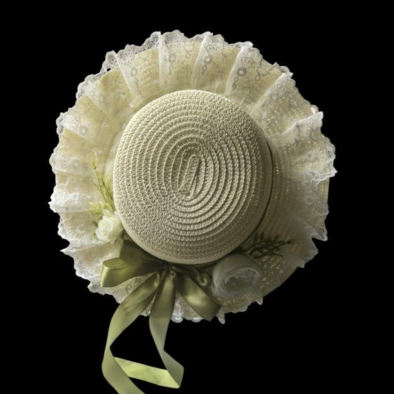 Vintage Romantic Lace Straw Sun Hat Lot Floral Ribbon Wide Brim Cottagecore 2 Pc Vintage Lace Ribbon Wide-Brim Sun Hat | Retro Stage main image 2