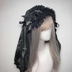 Handmade Gothic Lace Headband, Bat Wings, Cross Chain, Elegant Veil