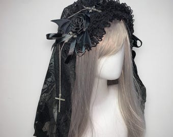 Handmade Gothic Lace Headband, Bat Wings, Cross Chain, Elegant Veil