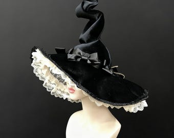 Gothic Witch Hat with Ruffled Lace and Dramatic Velvet Twist – Handmade Halloween Costume Piece