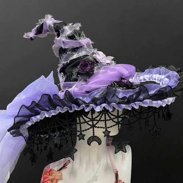 Sombrero de bruja morado, tocado celestial de encaje gótico, accesorio de cosplay de mago kawaii