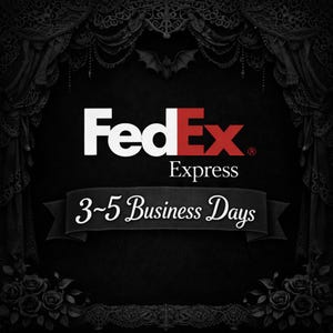 May include: The FedEx Express logo in white and red, with the word "Express" below. A banner reads "3-5 Business Days" in a gothic font. The background is black with decorative gothic elements.