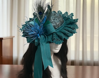 Peacock Feather Wide Brim Hat – Teal Lace Vintage Style Bonnet
