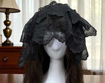 Handmade gothic black lace headband with veil, satin bows and cross metal charms