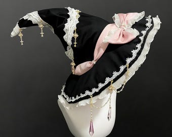 Gothic Lolita Witch Hat with Lace Trim, and Handmade Crystal Chains
