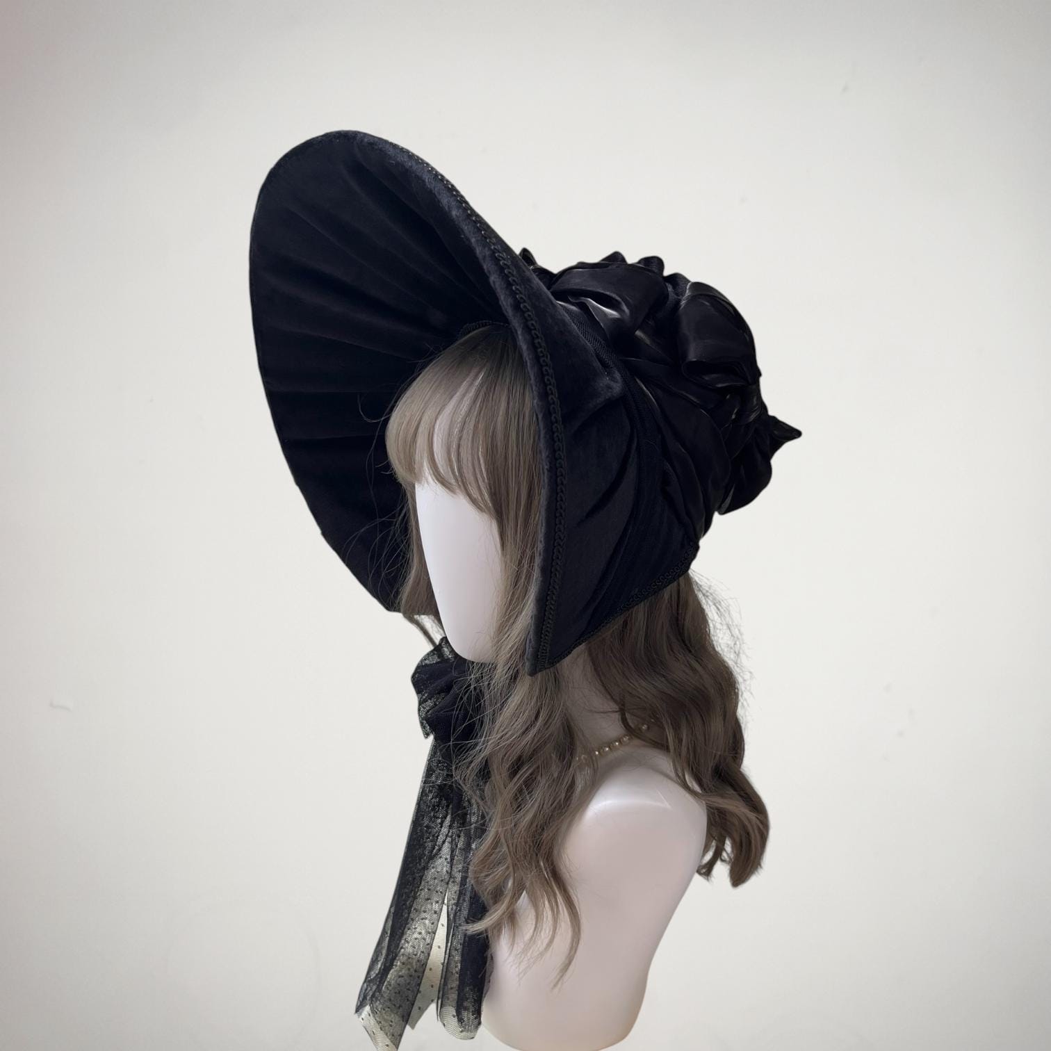 Vintage Black Velvet Bonnet‑Style Hat – Gothic Victorian Drama, Retro Costume Late 1800s/early 1900s Black Velvet Ostrich Feather Floral  main image 4