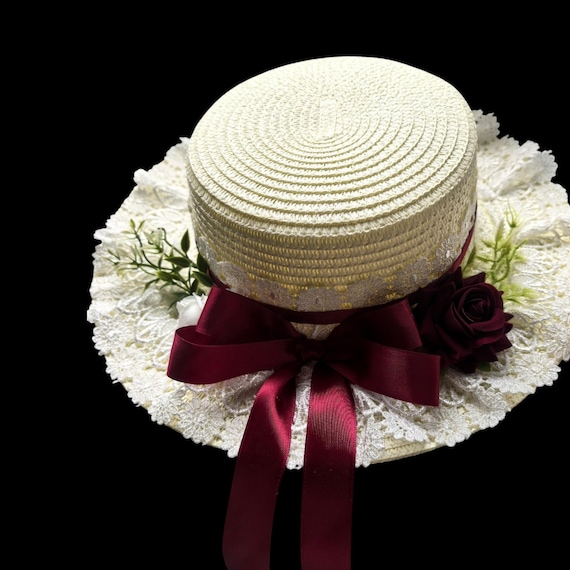 Floral Straw Sun Hat, Lace Trim, Ribbon Bow, Cottagecore Style - Etsy