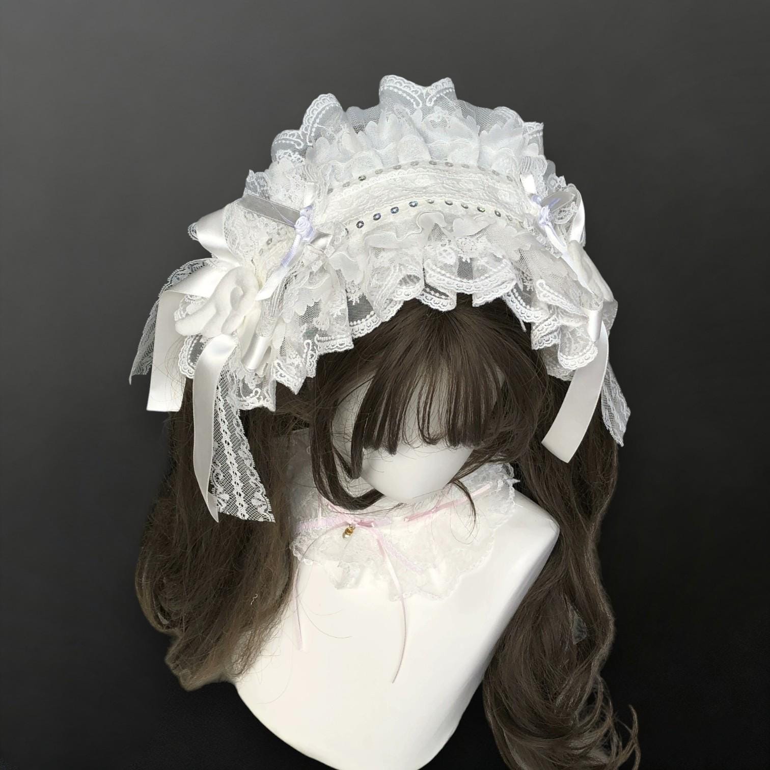Pure White Lolita Lace Bonnet, Elegant Bow Headdress, Soft  display picture 1
