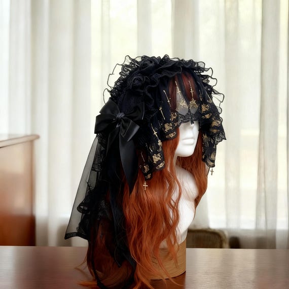 Vintage Black Veil Stars Bows Mid Century Headpiece Costume Accessory Retro Chic Black Birdcage Veil, Giant Bow, Women main image 2