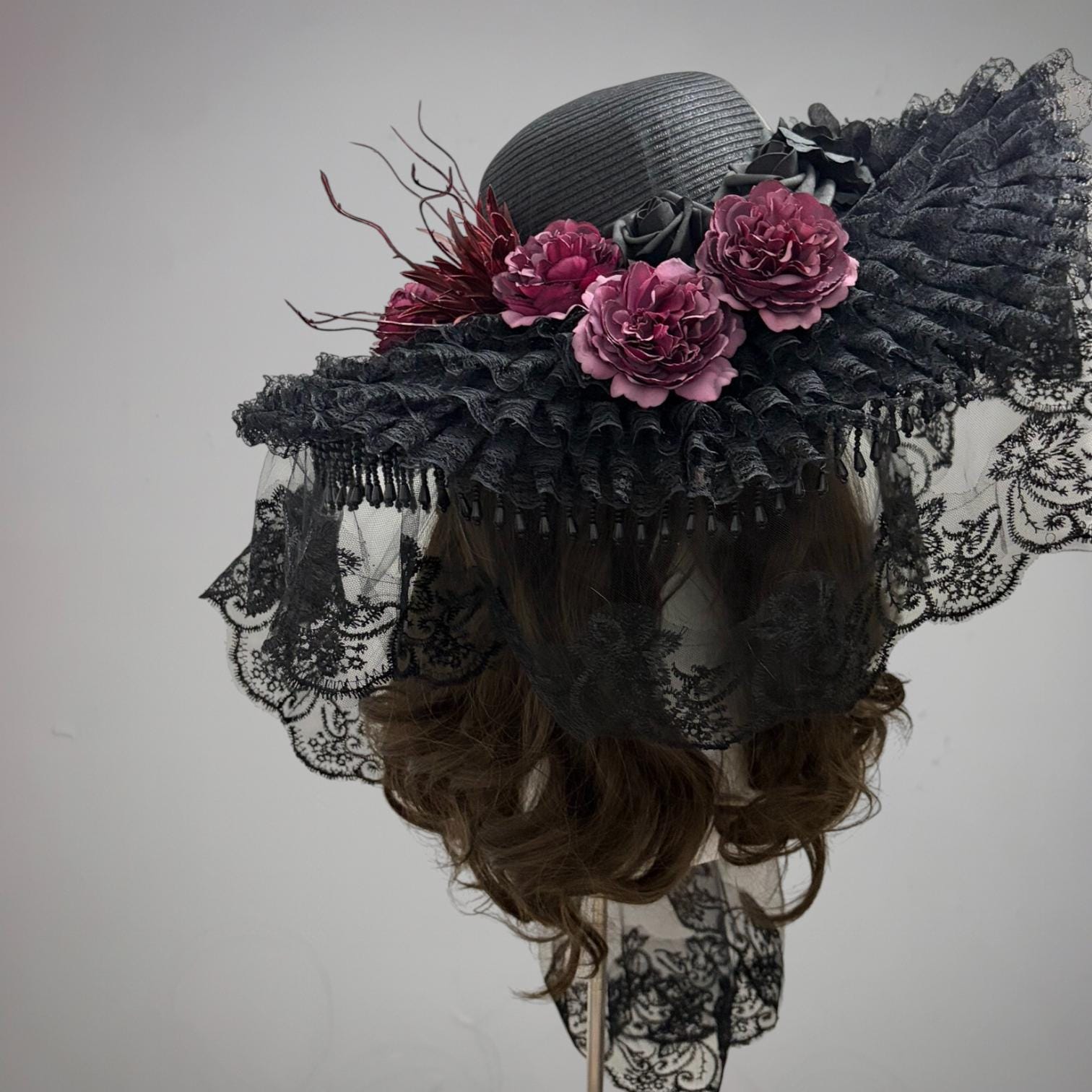 Black Fringe Floral Statement Hat with Pink Roses