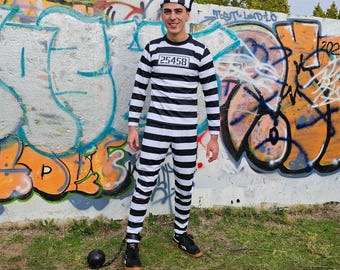 Adult Men Costume of Prisoner: Striped Jumpsuit, Hat & Ball