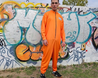 Adult Men Costume of Prisoner: Orange Jumpsuit & Ball