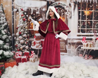Dark Red Mrs. Claus Costume: Handmade Christmas Dress with Hood & Belt
